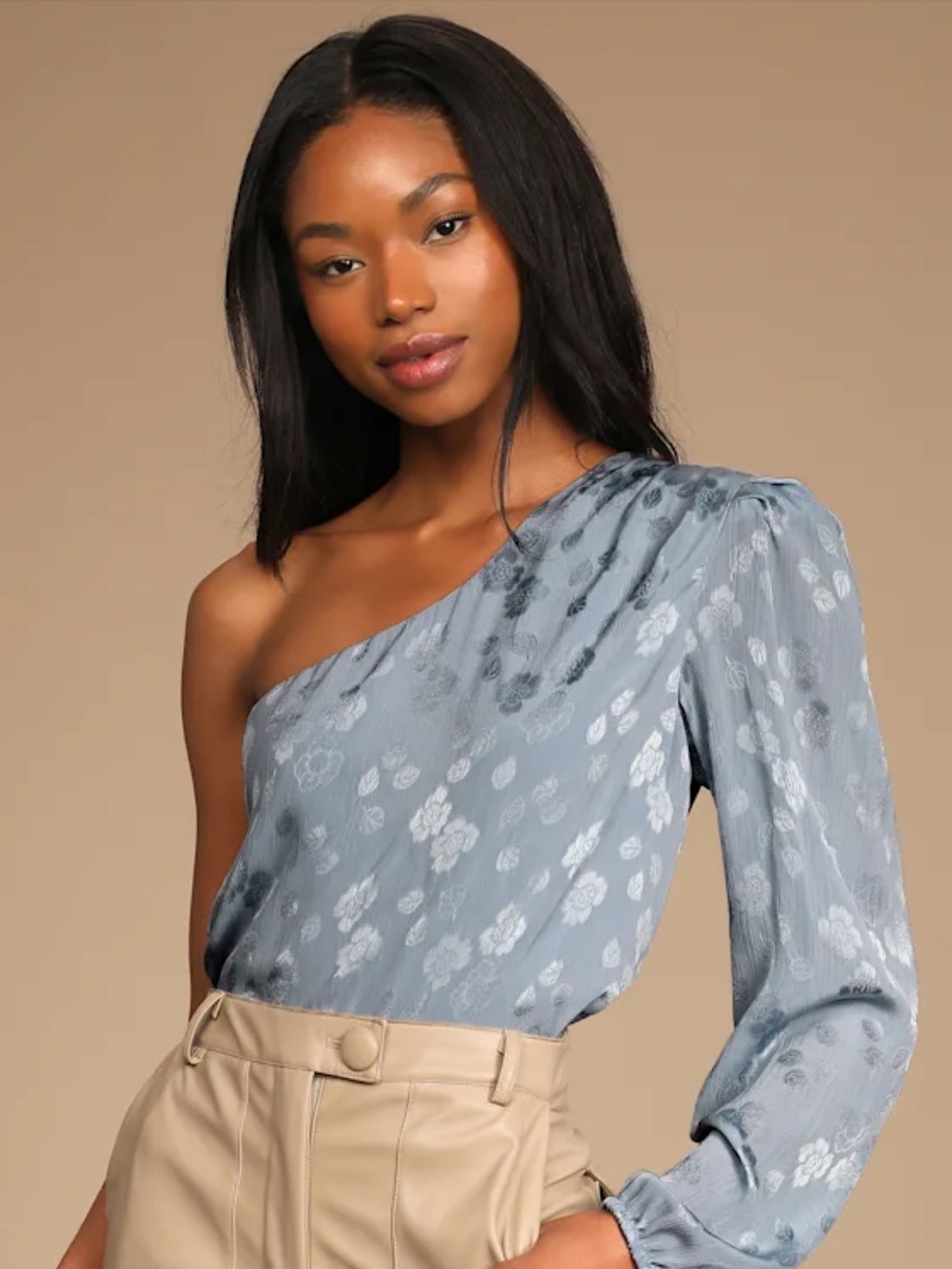 Stay Lovely Dusty Blue Floral Jacquard Satin One-Shoulder Top Size Small
